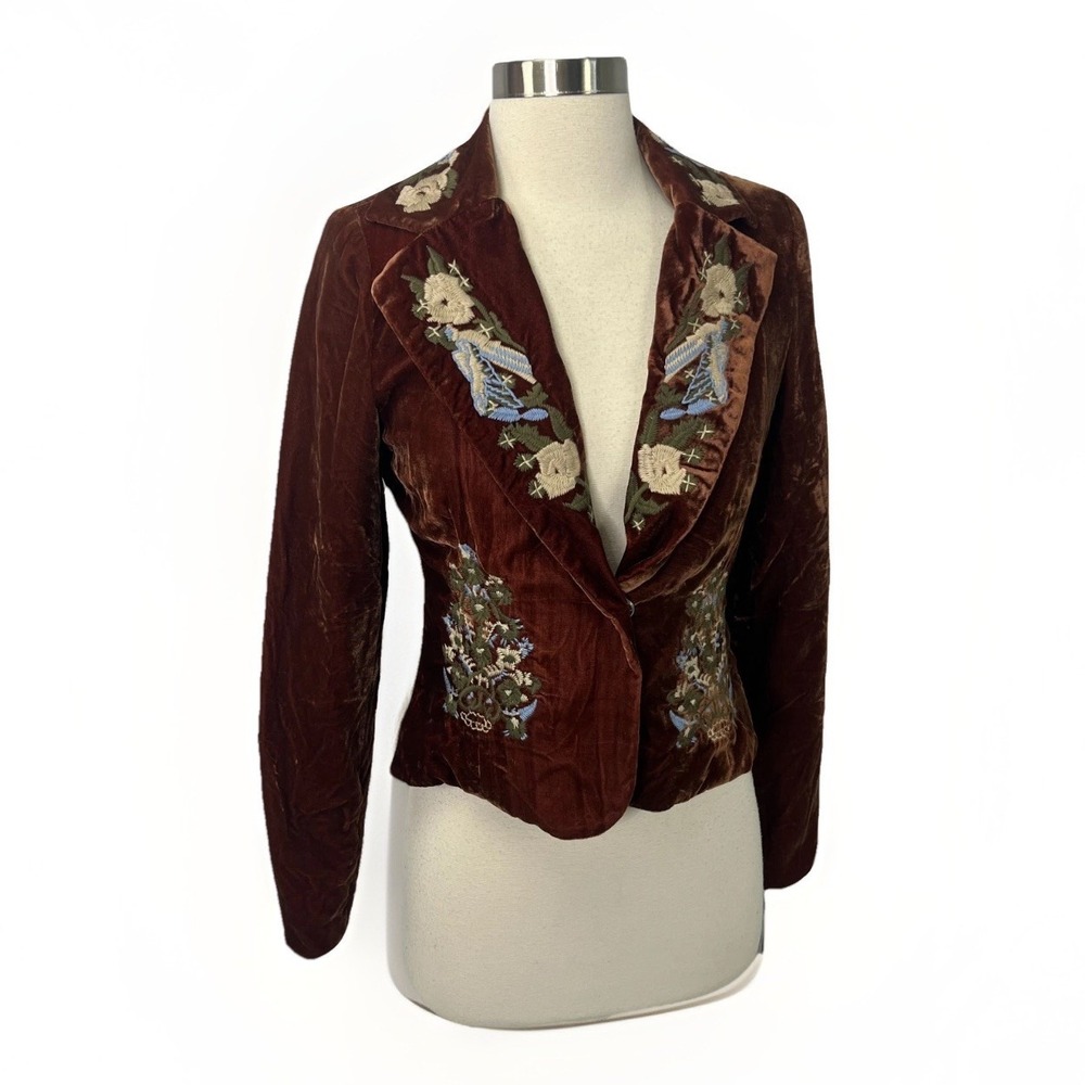 TM True Meaning NWT Blazer Anthropologie Embroidered Velvet‎ Jacket Brown Sz 2 - Picture 2 of 16